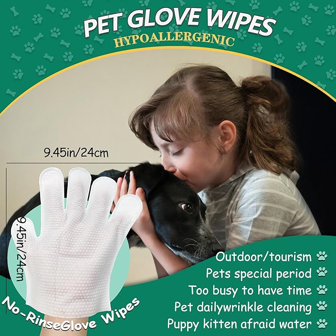 CHPPEY 40 PCS Pet Cleaning and Deodorizing Bathing Grooming Glove Wipes for Dogs and Cats, Extra Thick Nourish Fur No-Rinse Grooming Wipes for Daily Care and Travel, Hypoallergenic