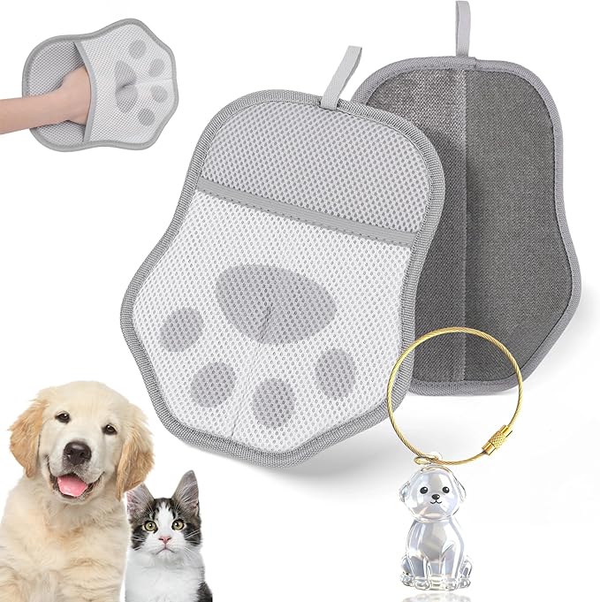2025 Upgrade Electrostatic Pet Hair Removal Glove, A Reusable Pet Hair Remover Tool for Cats, Dogs, Clothing, Couches, Carpets(Gray Glove, Dog Keychain)