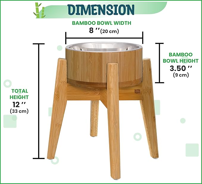 Raised Dog Bowl - Elevated 12-inch, Large Breeds Treats, Dry and Wet Foods Suitable - Deter Ants/Bugs, Resist Tip-Over - Bamboo/Steel Bowls