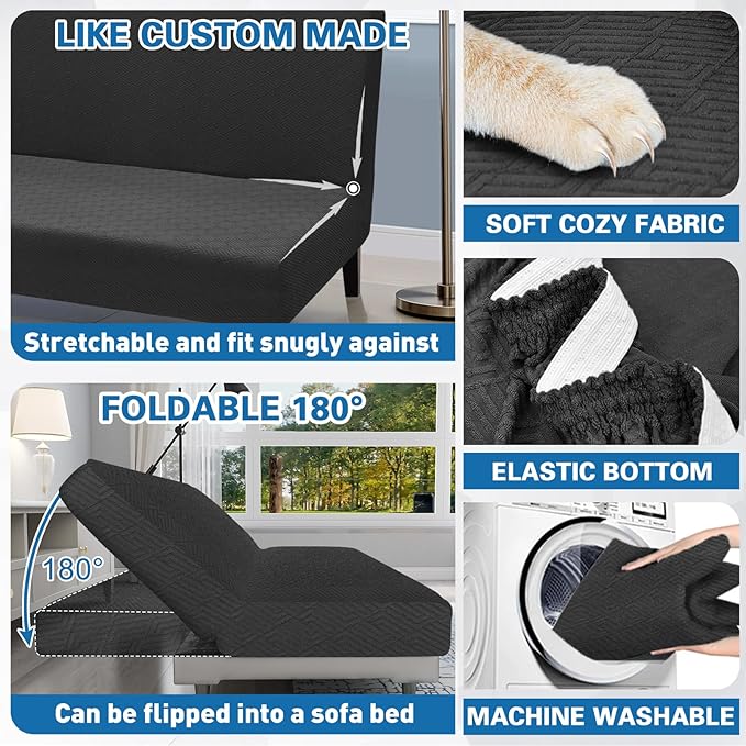 ZNSAYOTX Stretch Fit Futon Cover (67"-82") Armless Futon Sofa Bed Slipcover with Elastic Band, Universal Foldable Sofa Mattress Protector Full Queen Size, Washable Comfort Jacquard (Black)