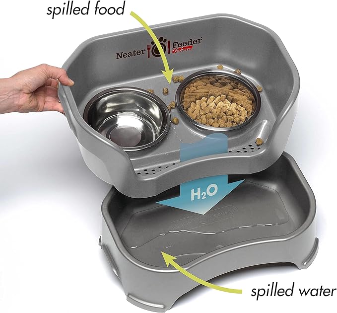 Neater Feeder Deluxe Mess Proof Dog Bowls Elevated for Large Dogs – Made in USA – No Spill Raised Dog Food Bowl Stand w/Leg Extensions – Stainless Steel Dog Food and Water Bowl Set – Grey
