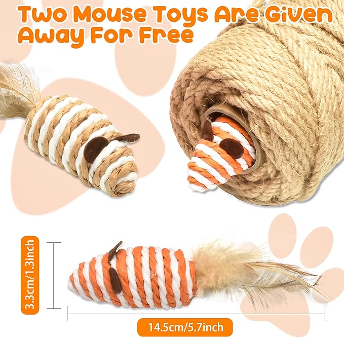 98FT/30M Cat Scratching Sisal Rope, 6mm Thick Natural Jute Rope for Scratch Posts, Cat Trees, DIY Projects, Sisal Rope for Scratcher with 2 Mouse Toys (Natural, 98ft)