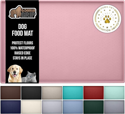 GORILLA GRIP 100% Waterproof Raised Edge BPA Free Silicone Pet Feeding Mat, Dog Cat Food Mats Contain Spills Protects Floors, Placemats for Cats and Dogs Water Bowl, Pets Accessories 23x15 Pink