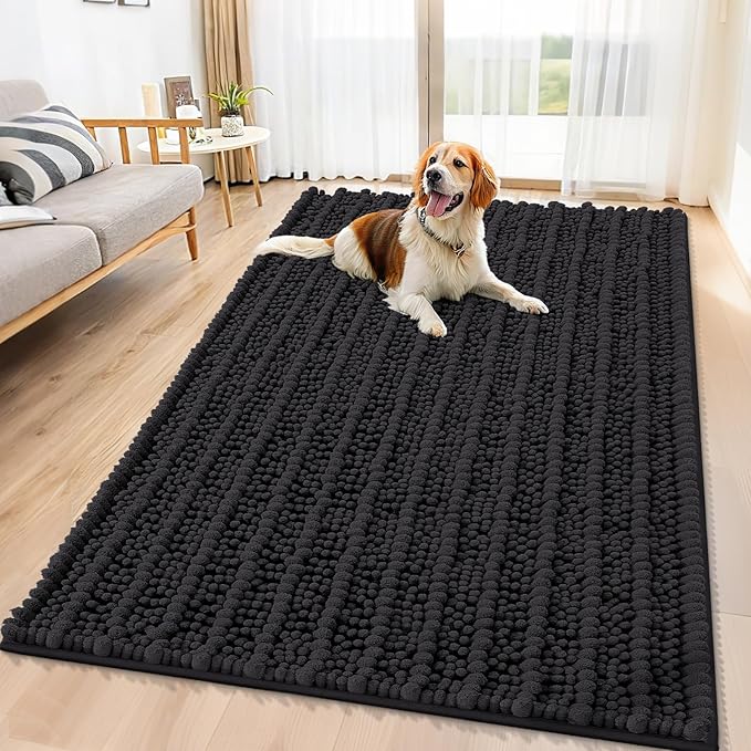 Smiry Dog Door Mat for Muddy Paws 59x35, Extra Soft Absorbent Chenille Doormat, Trap Moisture and Dirt, Non-Slip Machine Washable Front Door Mat for Indoor Entrance Inside Floor, Black