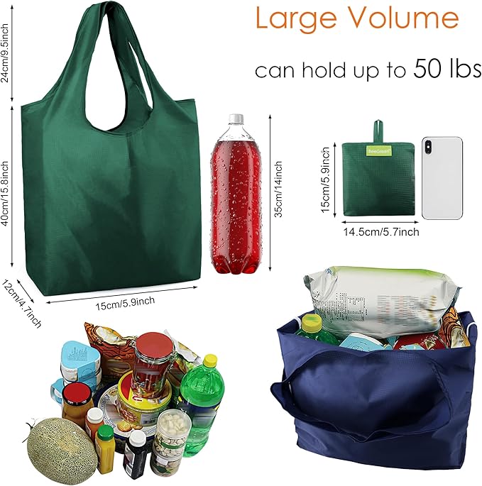 BeeGreen Reusable Bags Tote Bags for Women - 6 Pack Bulk Extra Large Reusable Gifts Bag with Handles - Heavy Duty Foldable Machine Washable Travel Grocery Bag Organizer (Packable Shopping Bags)