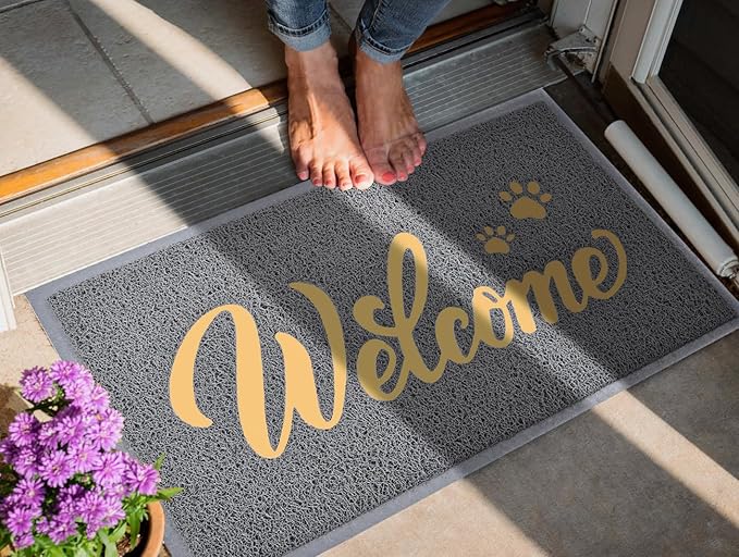 T.HENV Welcome Mat Outdoor, 2 Pack 30x17.5 Waterproof All-Season Front Door Mat Outside Entrance, All-Weather Quick Drying, Low Profile Doormat Indoor, Patio Porch Entryway Mat, Grey-Gold