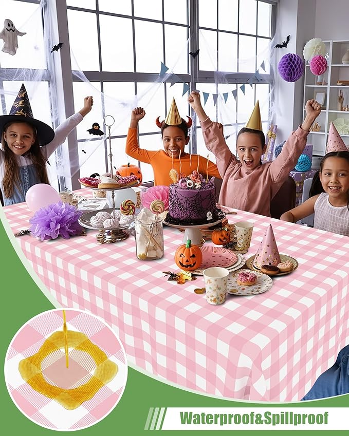 Smiry 12 Packs Gingham Disposable Table Cloth, 54 x 108 Inch Waterproof Plastic Tablecloth, Rectangle Pink and White Checkered Table Covers for Picnic, Birthday, Valentines