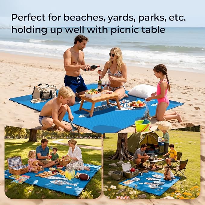 Blue Fish Beach Mat 75"x75" – Outdoor Picnic Blanket, Waterproof Sand Mat for Camping, Grass & Travel, Portable Foldable Ground Mat with Bag