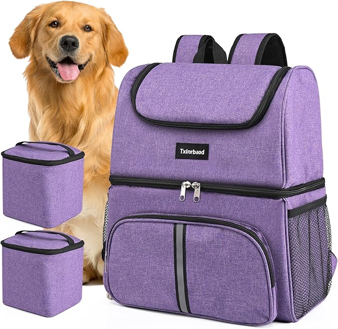 Txinrbaod Dog Travel Bag Airline Approved Pet Supplies Backpack with 2 Food Container Dog Bags for Traveling Camping Hiking Purple