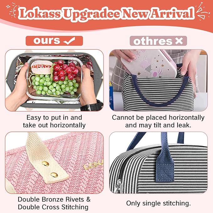 Lunch Bag Women Insulated Lunch Box Wide-Open Lunch Tote Bag Large Drinks Holder Durable Nylon Thermal Snacks Organizer for Men Adults Work Picnic Hiking Beach Fishing, Pink Braid