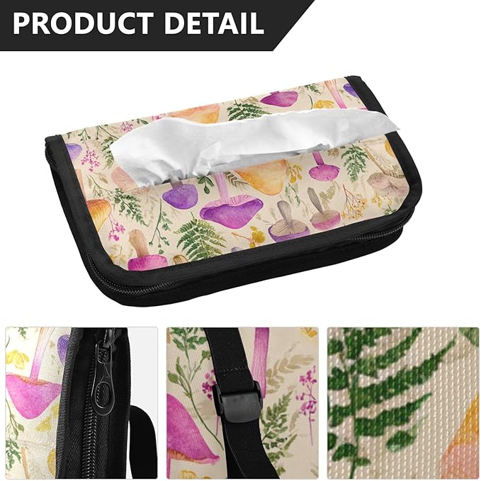 Car Tissue Holder Car Napkin Holder Car Tissue Box Dispenser Storage Case Sun Visor Mask Holder with Adjustable Straps Reusable Refillable Mushroom Colorful Pattern