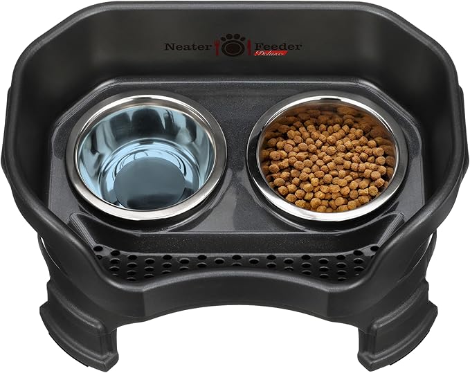 Neater Feeder Deluxe Mess Proof Dog Bowls Elevated for Small Breeds – Made in USA – No Spill Raised Dog Food Bowl Stand w/Leg Extensions – Stainless Steel Dog Food and Water Bowl Set – Black