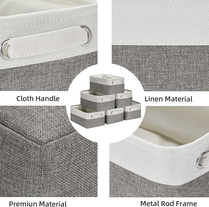 HNZIGE Small Organizer Bins for Shelf,Small Fabric Collapsible Baskets for Organizing Nursery Linen Canvas,Set of 6 Decorative Storage Basket for Storage Closet Toy(White&Gray, 11.8" x 7.8" x 5.1")
