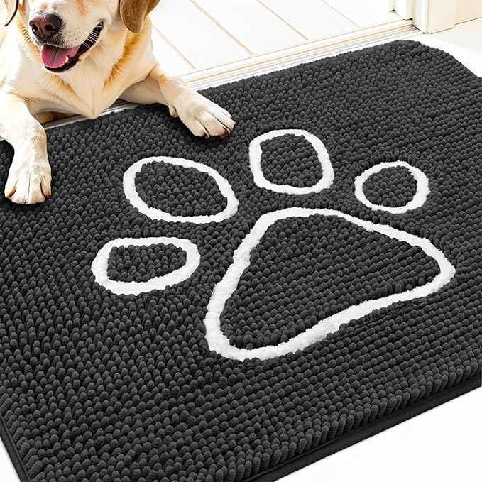 OLANLY Dog Door Mat for Muddy Paws 54x24, Paw Print Design, Absorbs Moisture and Dirt, Absorbent Non-Slip Washable Doormat, Quick Dry Chenille Mud Mat for Dogs, Entry Indoor Entryway Carpet, Dark Grey