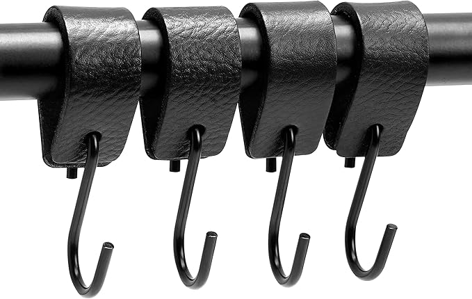 Brute Strength - S Hook with Leather Loop - Black - 4X - 12.5 x 2.5 cm - Coat Hook for Butcher Hooks Leather