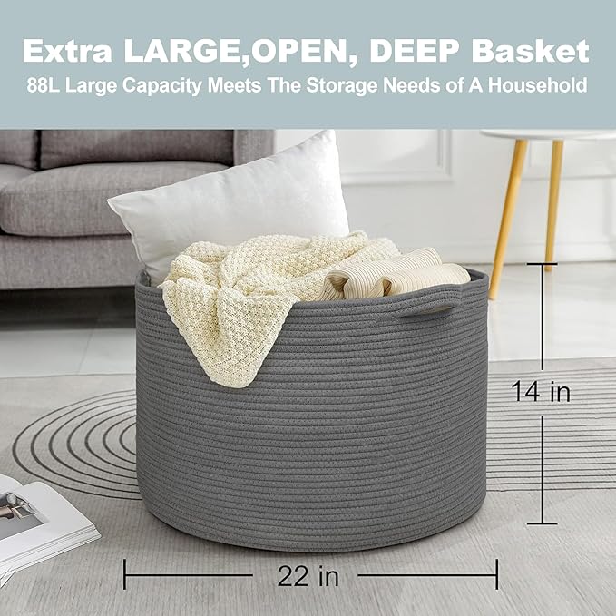Large Dark Grey Storage Basket, Woven Cotton Rope Baskets for Storage, Big Blanket Organizer Storage Basket for Living Room, Kids Room Toy Storage Organizer Box, Blanket Keeper (22"x14")