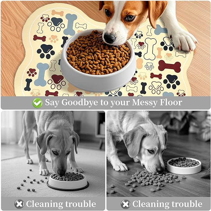 Dog & Cat Food Mat Bone Shaped Pet Feeding Mat Quick Absorb Water Bowl Placemat with Rubber Backing Indoor Floor Stain Resistant Pet Accessory Supplies (Beige, 12x18 Inches)