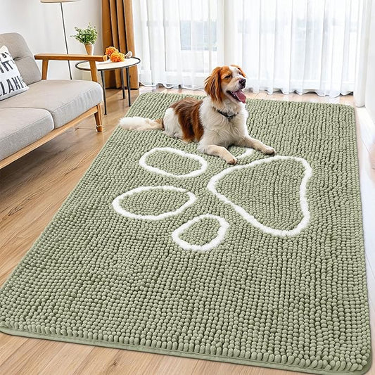 Smiry Dog Door Mat for Muddy Paws, Absorbent Dirt Trapper Non Slip Quick Dry Washable Chenille Mat for Mud Dogs, Entry Rug for Indoor and Outdoor (71x46 Inches, Sage Green and White)