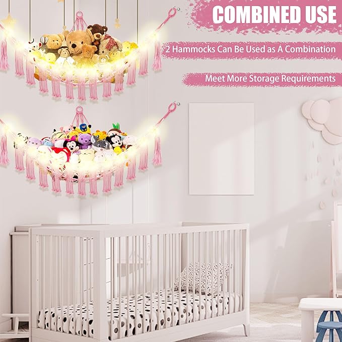 CERETIA Stuffed Animal Hammock with LED Light, Large Stuffed Animals Storage Corner Plushie Net for Kids Room Decor, Jumbo Pink