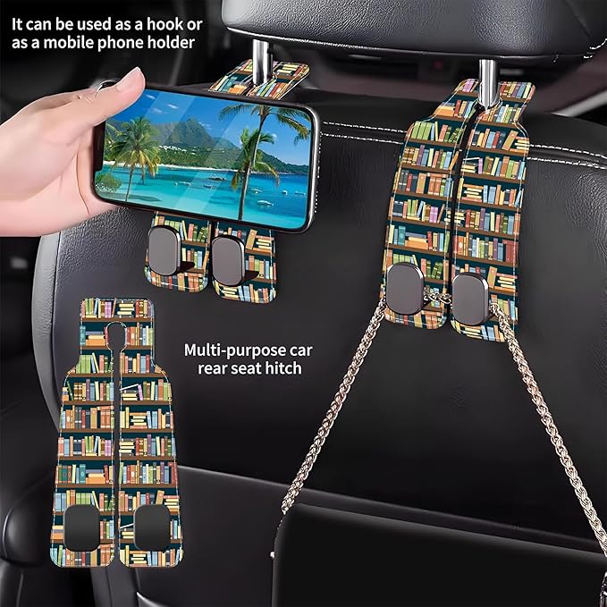 AEWNUNK Purse Hook for Car Vintage Bookshelve Library Bookcase 1 Pack Headrest Back Seat Hook Premium Leather Double Metal Hanger Storage Pack Bag Purse Holder Car Accessories