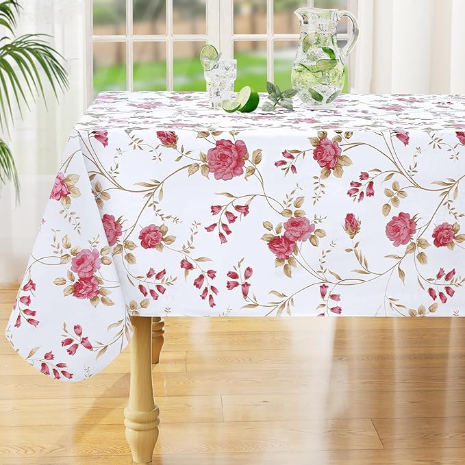 misaya Rectangle Waterproof Vinyl Table Cloth, Plastic Tablecloth with Flannel Backing, Wipeable Table Cover for Dinner, Picnic, Indoor and Outdoor (Pink Flowers, 60" x 120")