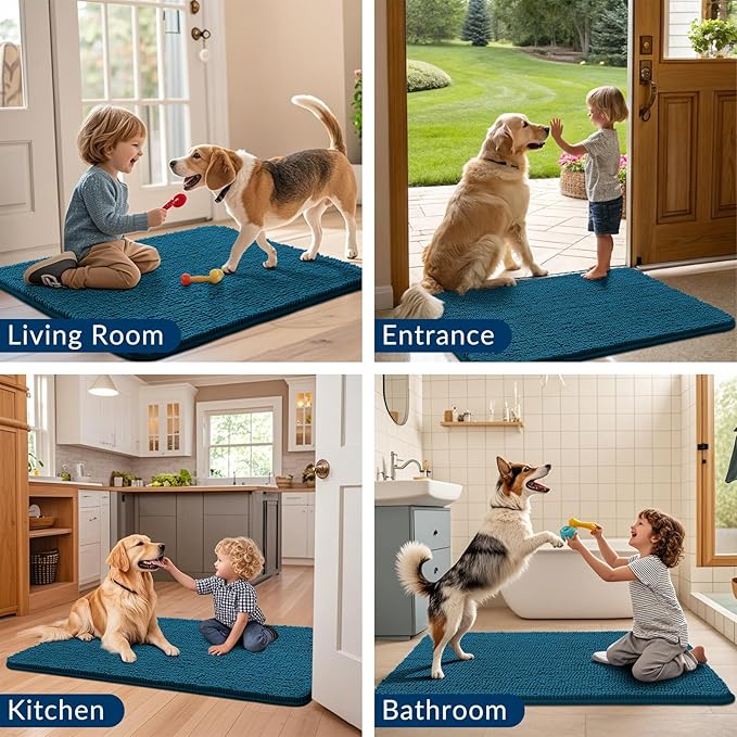 Smiry Dog Door Mat for Muddy Paws 71x46, Absorbs Moisture and Dirt Doormat, Non-Slip Washable Quick Dry Chenille Front Door Mat Indoor Entrance, Entryway Carpet for Inside Floor, Atlantic Blue