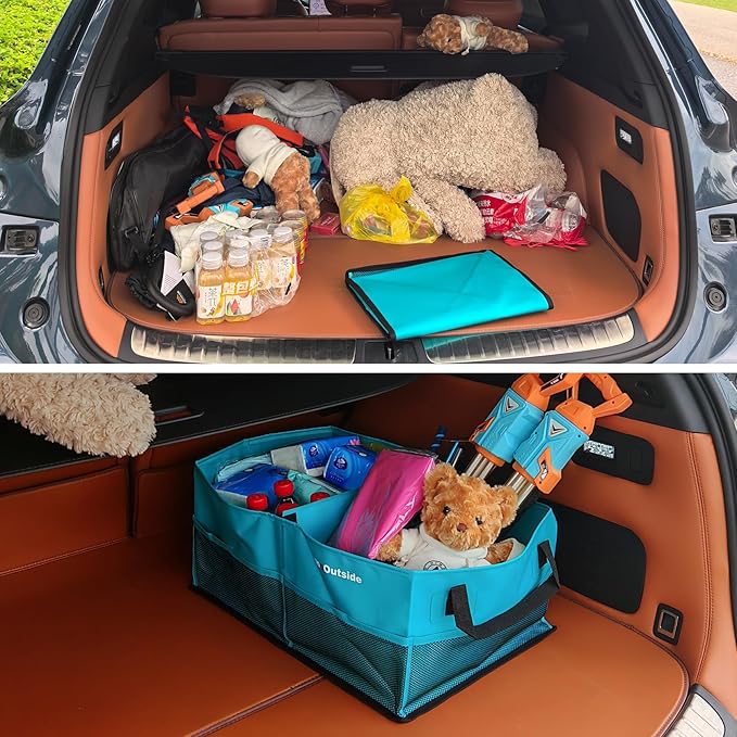 Collapsible Waterproof Car Trunk Organizer, Soft PVC Storage Bin with Rugged PVC-Coated Fabric for SUV & Truck (Aqua Blue, PLUS)
