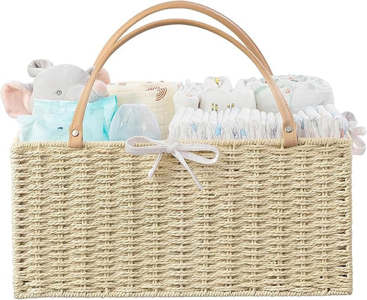 HBlife Baby Diaper Caddy Organizer, Paper Rope Storage Baskets Nursery Bin with Removable Divider, Portable Car Organizer for Diapers, Baby Shower Gifts, Newborn Essentials Must Haves