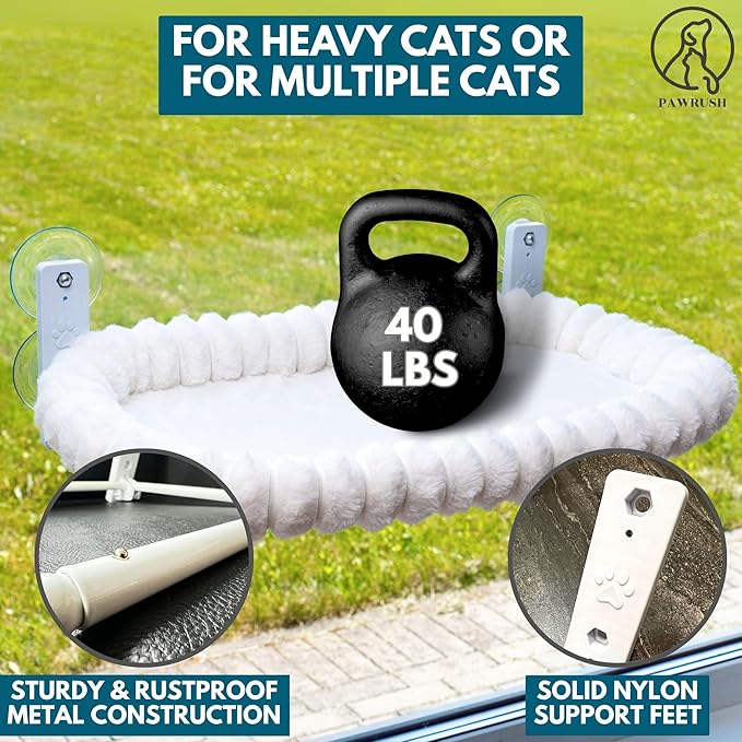 PAWRUSH Cat Window Perch — Premium Cat Window Hammock with 4 Large Suction Cups & Soft Bubble Cushion; Strong Rustproof Metal Frame Window Bed Holding 40lbs; Easy Assembly Perch for Indoor Cats; White