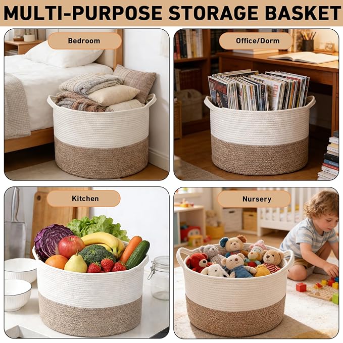 90L Extra Large Woven Cotton Rope Blanket Basket with Handles, Laundry Hamper Storage Bin for Pillows, Clothes, Bedroom and Living Room Organization, White & Brown