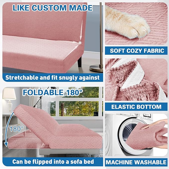 ZNSAYOTX Stretch Fit Futon Cover (67"-82") Armless Futon Sofa Bed Slipcover with Elastic Band, Universal Foldable Sofa Mattress Protector Full Queen Size, Washable Comfort Jacquard (Rose)
