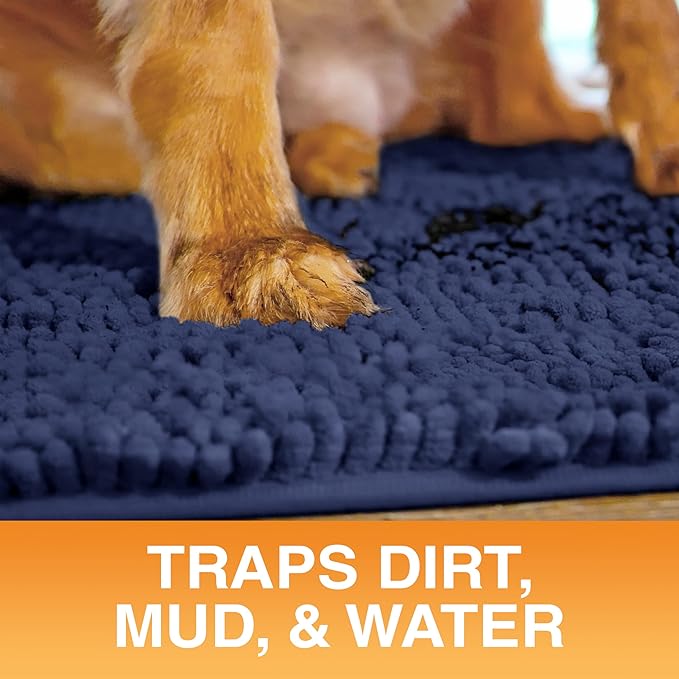 Neater Pets Chenille Dog Door Mat 30” x 20” – Super Absorbent & Quick-Dry Muddy Paws Doormat for Trapping Dirt, Water, Mud - Non-Slip & Machine Washable Pet Rugs for Entryway, Indoor Mud Mats, Navy