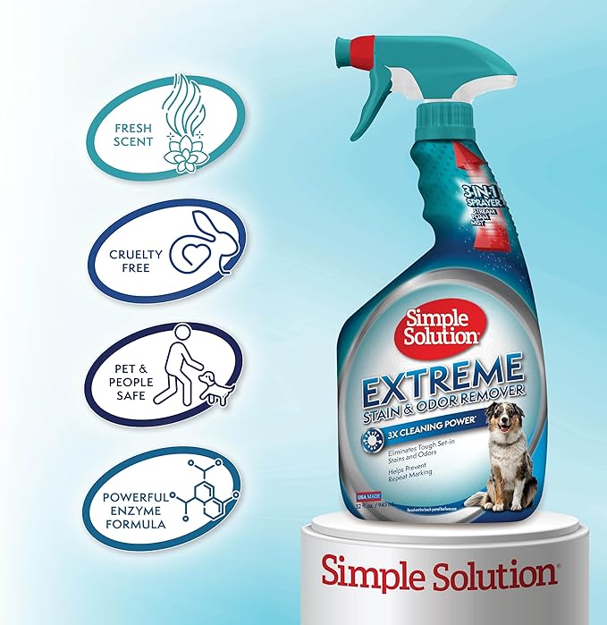 Simple Solution Extreme Pet Stain and Odor Eliminator, Enzyme Dog Urine Odor Neutralizer, Pet Carpet Stain Remover, Strong Pet Spray for Pee Cleaner Spot Treatment, Rug Deodorizer, 1 Gallon + 32 oz