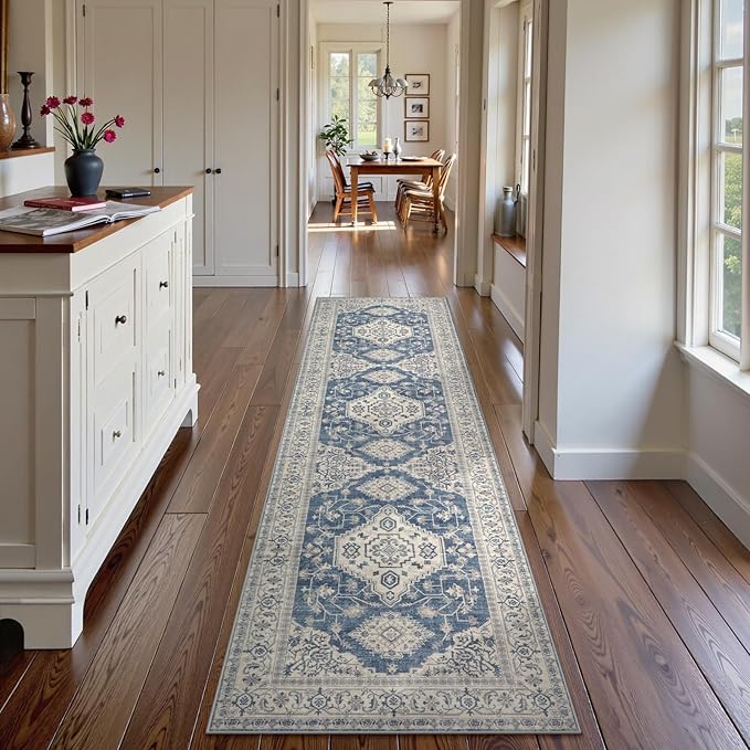 Lahome Oriental Hallway Runner Rug Non Slip, 2.5x8 Kitchen Washable Runner Soft Hallway Rug, Traditional Ultra-Thin Carpet for Bathroom Entryway ‎Laundry Room Eleanor, Blue