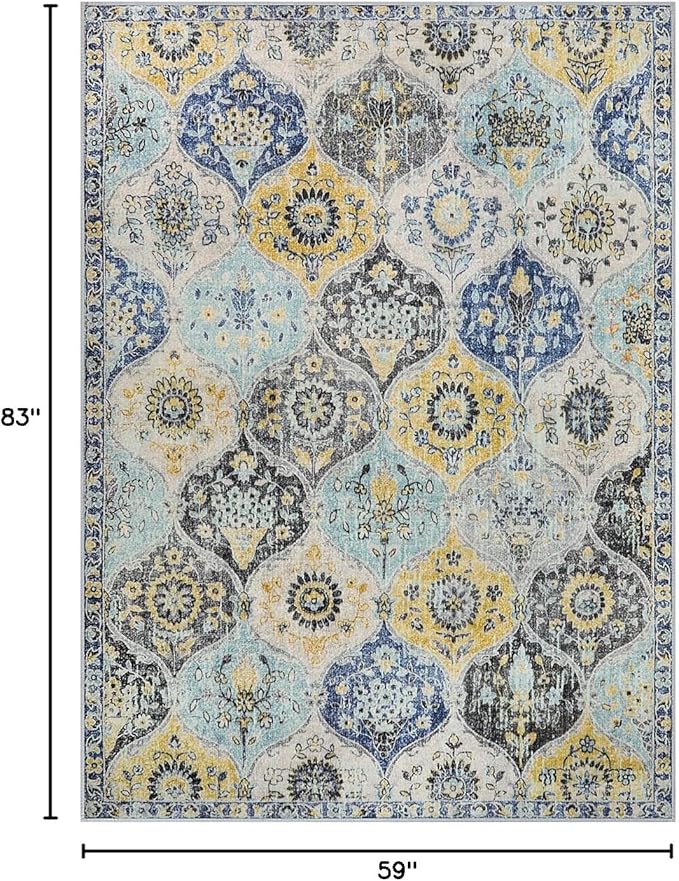 Lahome Moroccan Trellis Washable Area Rugs 5x7, 5x7 Area Rugs for Living Room Bedroom, Indoor Non-Slip Large Oriental Throw Carpet for Kitchen Entryway Bathroom Office Elise, Yellow/Aqua