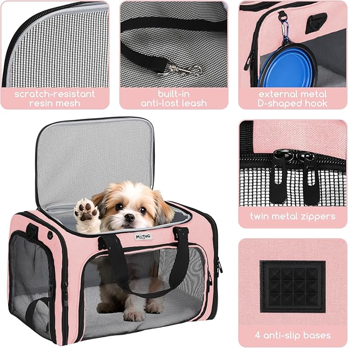 Pet Carrier for Cats & Small Dogs, Travel Carrier with Anti-Collapse Support, Chew Resistant Buckles, Luggage Sleeve, Multi-Pocket Storage, Reversible Mat & Bowl (Pink, Medium (17.5"x11"x11.5"))
