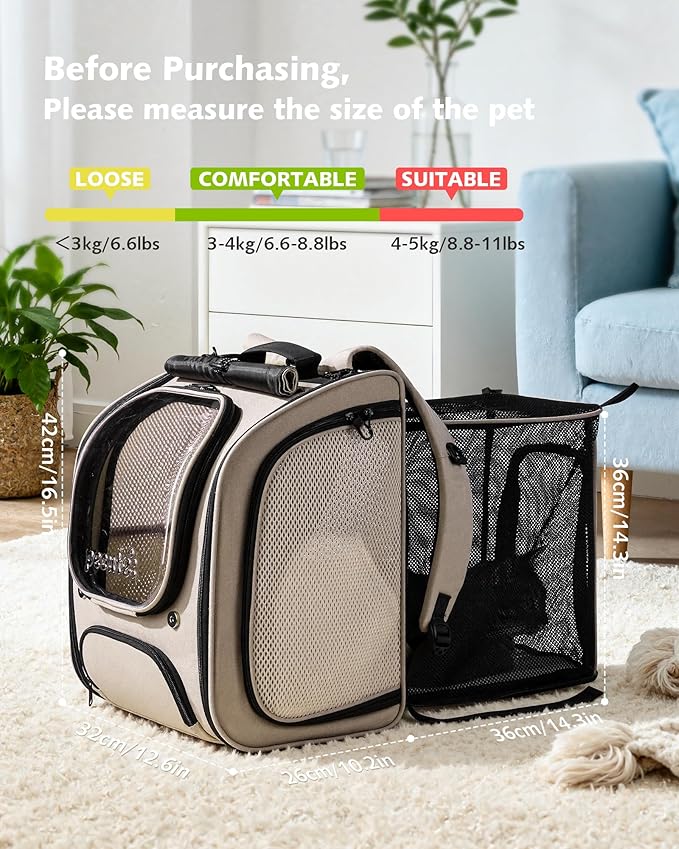 Pecute Cat Backpack Carrier Expandable, Large Space Cat Bubble Backpack, Breathable Cat Carrier, Shaded Dog Backpack Carrier for Travel, Hiking, Vet,12.6" L x 10.2" W x 16.5" H, Khaki