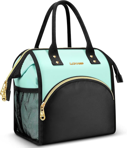 Lunch Bag Women Insulated Lunch Box Wide-Open Lunch Tote Bag Large Drinks Holder Durable Nylon Thermal Snacks Organizer for Men Adults Work Picnic Hiking Beach Fishing, Blue + Black