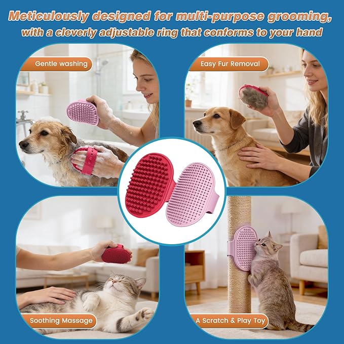 MIYIJHY 7-Piece Pet Grooming Kit with Storage Bag | Portable Bathing Set for Dogs & Cats | Includes Silicone Gloves, Deshedding Brushes & Finger Toothbrushes | All-in-One Pet Care (Pink)
