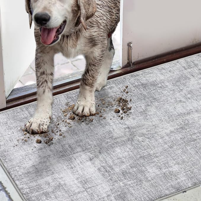 COMSLE Door Mat, Front Door Mat Indoor for Entrance Faux Wool Absorbent Non Slip Modern Throw Rug for Entryway Hallway Muddy Paws - Pet Friendly, 20x32 Inches,Grey Machine Washable