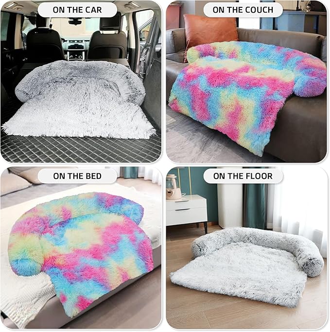 GGIB Calming Dog Bed Fluffy Plush Dog Mat for Furniture Protector with Removable Washable Cover for Large Medium Small Dogs and Cats (Medium, Rainbow)