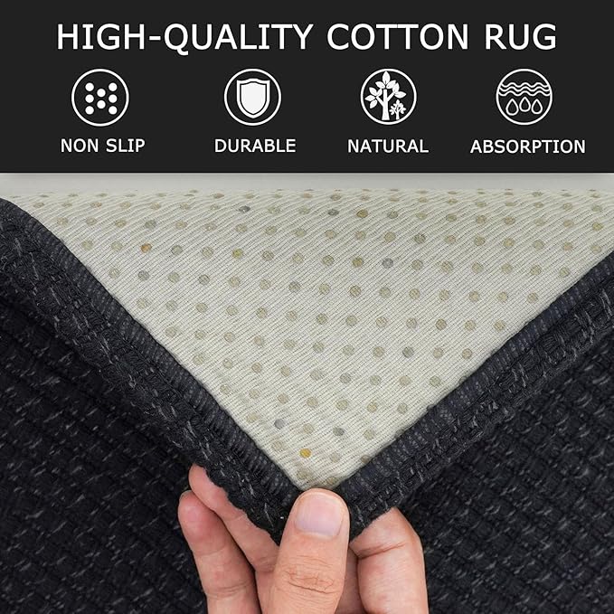 KOZYFLY Runners for Hallways 2x8 ft Washable Kitchen Runner Non Slip Rubber Backed Hall Runners Cotton Entryway Runner Rugs Floor Carpet for Indoor Backdoor Bedroom Kitchen, Black/Dark Grey