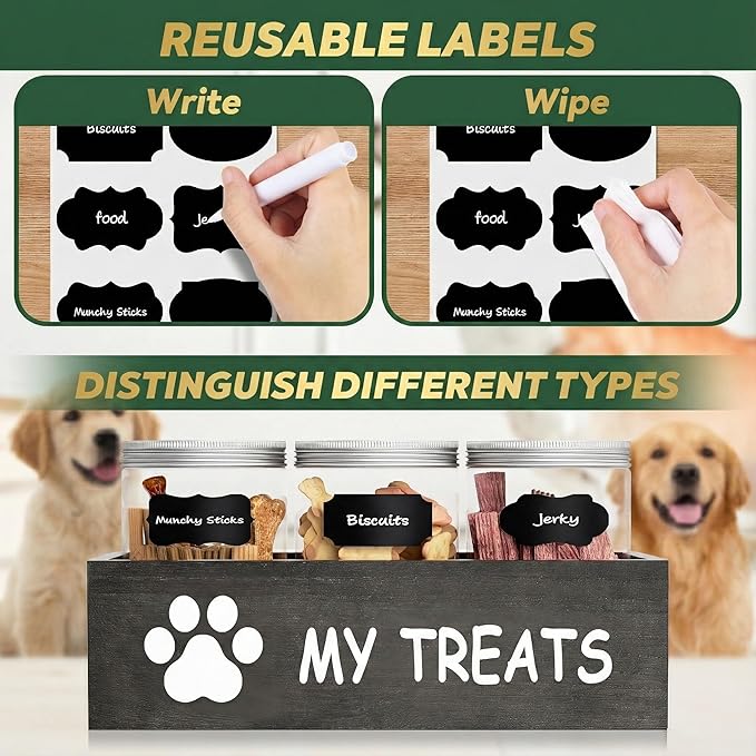 Dog Treat Container Airtight Storage Jars Set of 3 - Clear Plastic Pet Treat Canister with Lids - Dog Food Container for Countertop Organization (grey)