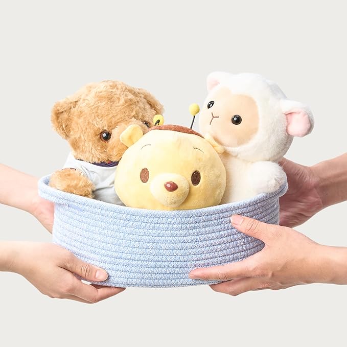 Small Woven Gift Basket Empty with Bag & Ribbon - Gifts for Mom, Baby Shower, Birthdays & Raffle - Cotton Rope Storage Basket for Dog Toys or Shelf - 12"x8"x5", Blue, 2 Packs