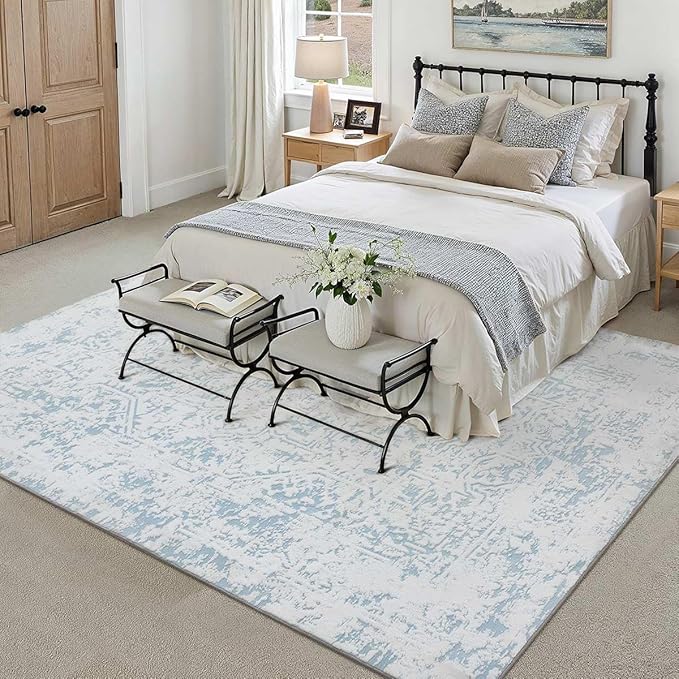 6x9 Fluffy Area Rug Blue Shag Neutral Carpet for Living Room Soft Medium Pile Floral Rug for Bedroom Dorm Office Dining Room Kitchen Nursery Modern Decor