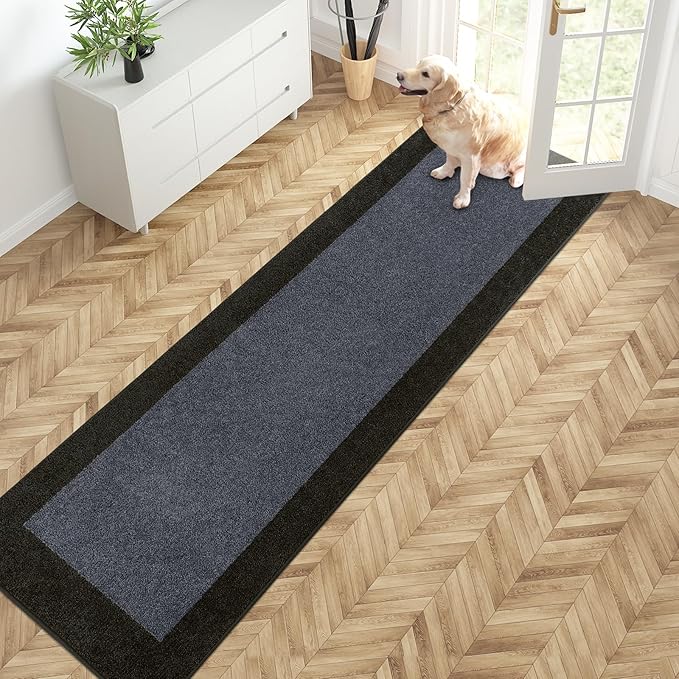 PURRUGS Dirt Trapping Door Mat 24" x 96", Non-Slip Machine Washable Entry Rug, Entrance Mat, Indoor Front Door Mat, Super Absorbent Entryway Rug for Muddy Shoes & Paws, Bluish Grey & Charcoal