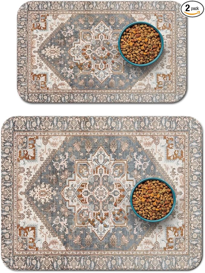 2 Pack Dog Food Mats for Floors, Absorbent and Quick-Drying Pet Cat Food Mat,Anti-Fouling and Easy-to-Clean Pet Feeding Mat,Dog Bowl Mat for Messy Drinking Water Bowls.12 x20+18"x24", Bohemia Style