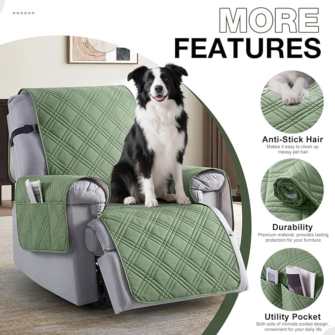 TAOCOCO Waterproof Recliner Chair Cover, Non Slip Oversized Recliner Covers for Recliner Chair with Pocket, Reclining Chair Cover Furniture Protector for Kids, Dogs(28'', Bean Green)