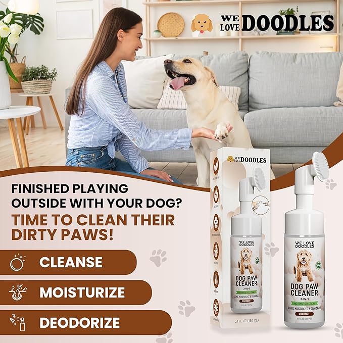 No-Rinse Dog Paw Cleaner with Built-in Silicone Bristle Brush | 3-in-1 Dirty Paw Washer Foaming Foot Cleaner for Muddy Pet Dogs & Cats | Gentle Moisturizing Waterless Shampoo - Coconut | 5 fl oz