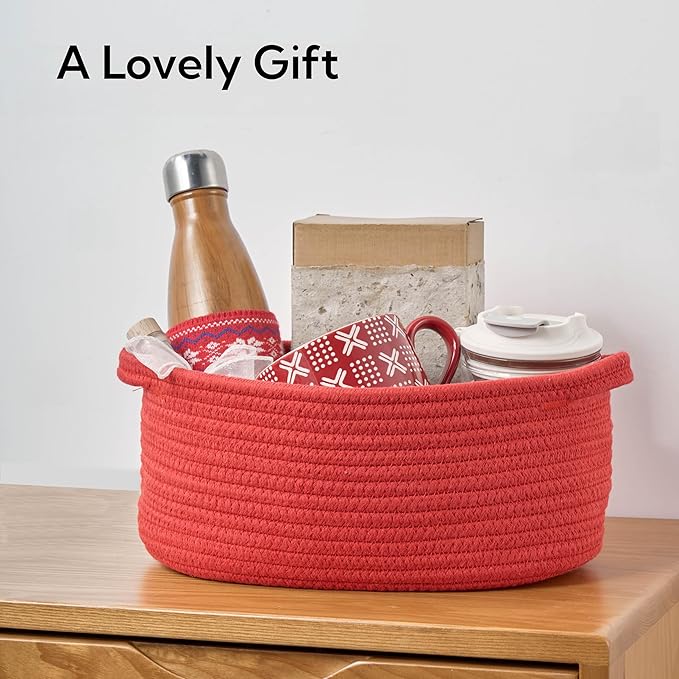 Gift Basket with Wrap Bag and Ribbon, Empty Small Woven Basket for Gift, Cute Decorative Gift Organizer for Baby Showers, Raffle, Valentine‘s, Easter and Mum – 12"x8"x5", Red